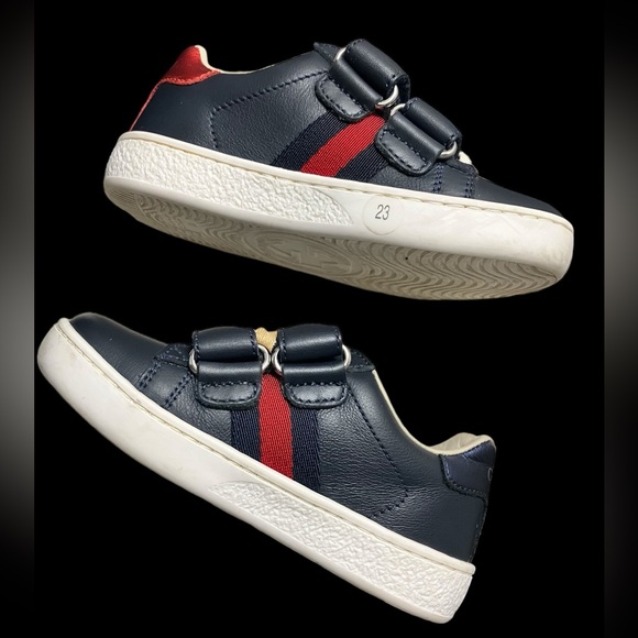 GUCCI ACE LEATHER NAVY BLUE SNEAKER TODDLER SIZE 23 (US SZ 7) UNISEX w POUCH - Picture 1 of 15